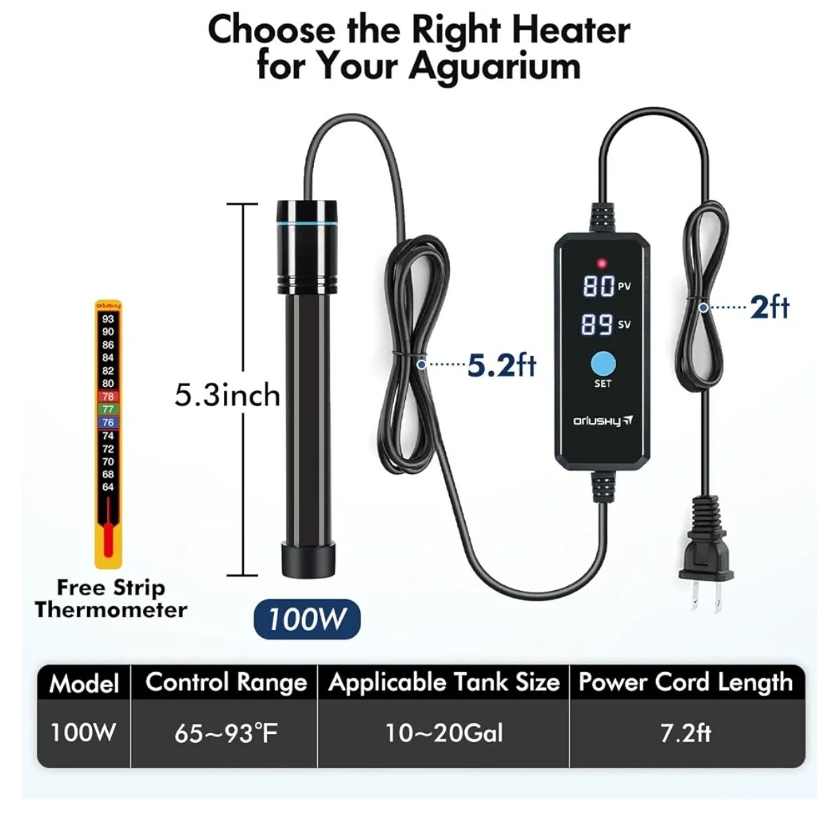 Orlushy - Calentador sumergible de acuario de 100 W