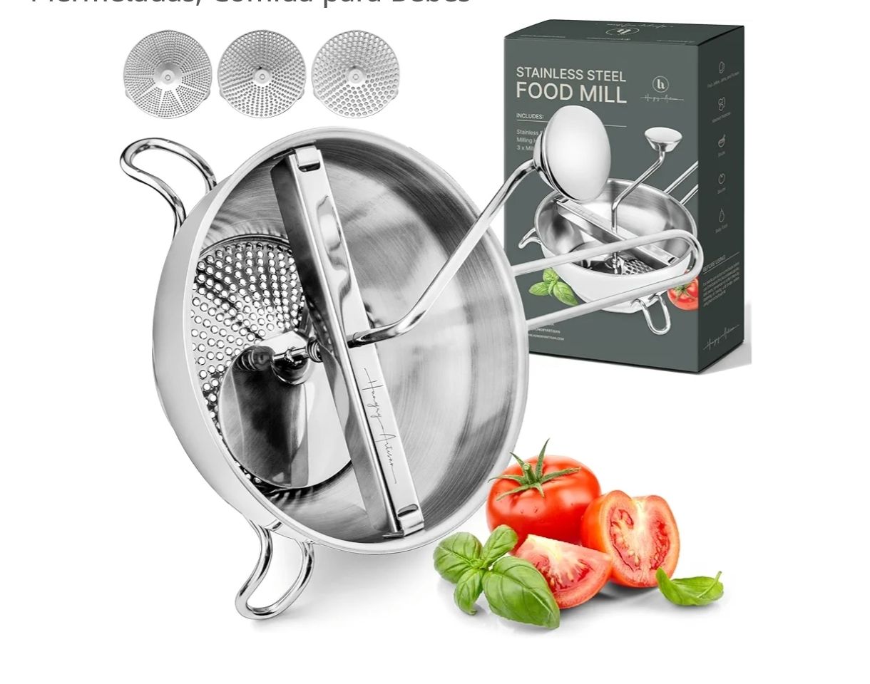 Molino de Alimentos Ergonómico de Acero Inoxidable con 3 Discos de Molienda -