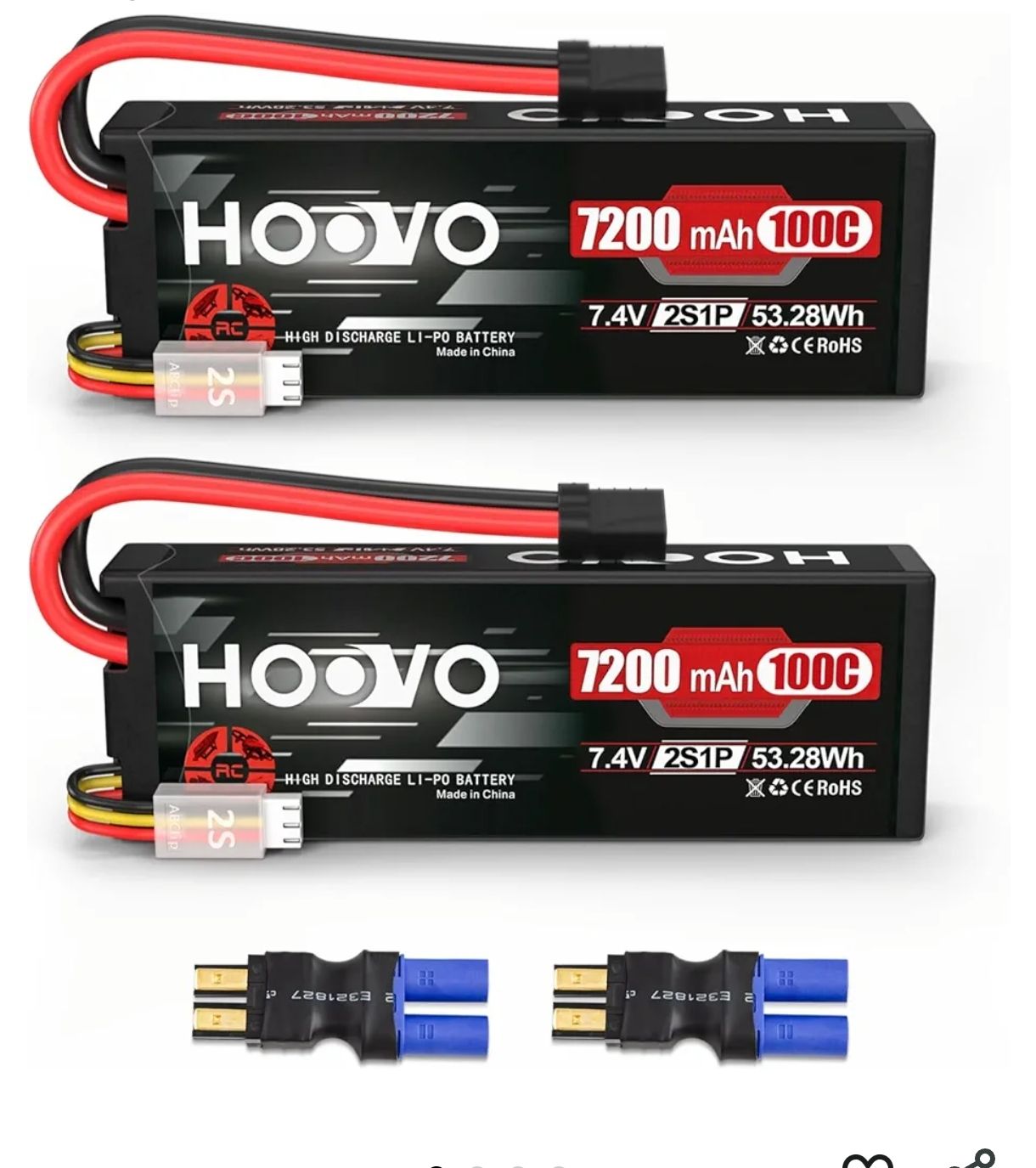 HOOVO Batería Lipo 2S de 7.4 V 7200 mAh 100 C RC