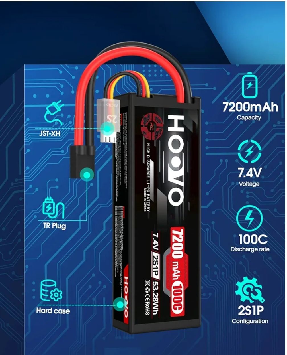 HOOVO Batería Lipo 2S de 7.4 V 7200 mAh 100 C RC