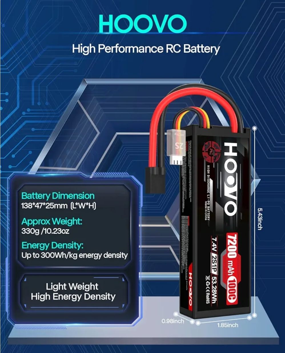 HOOVO Batería Lipo 2S de 7.4 V 7200 mAh 100 C RC