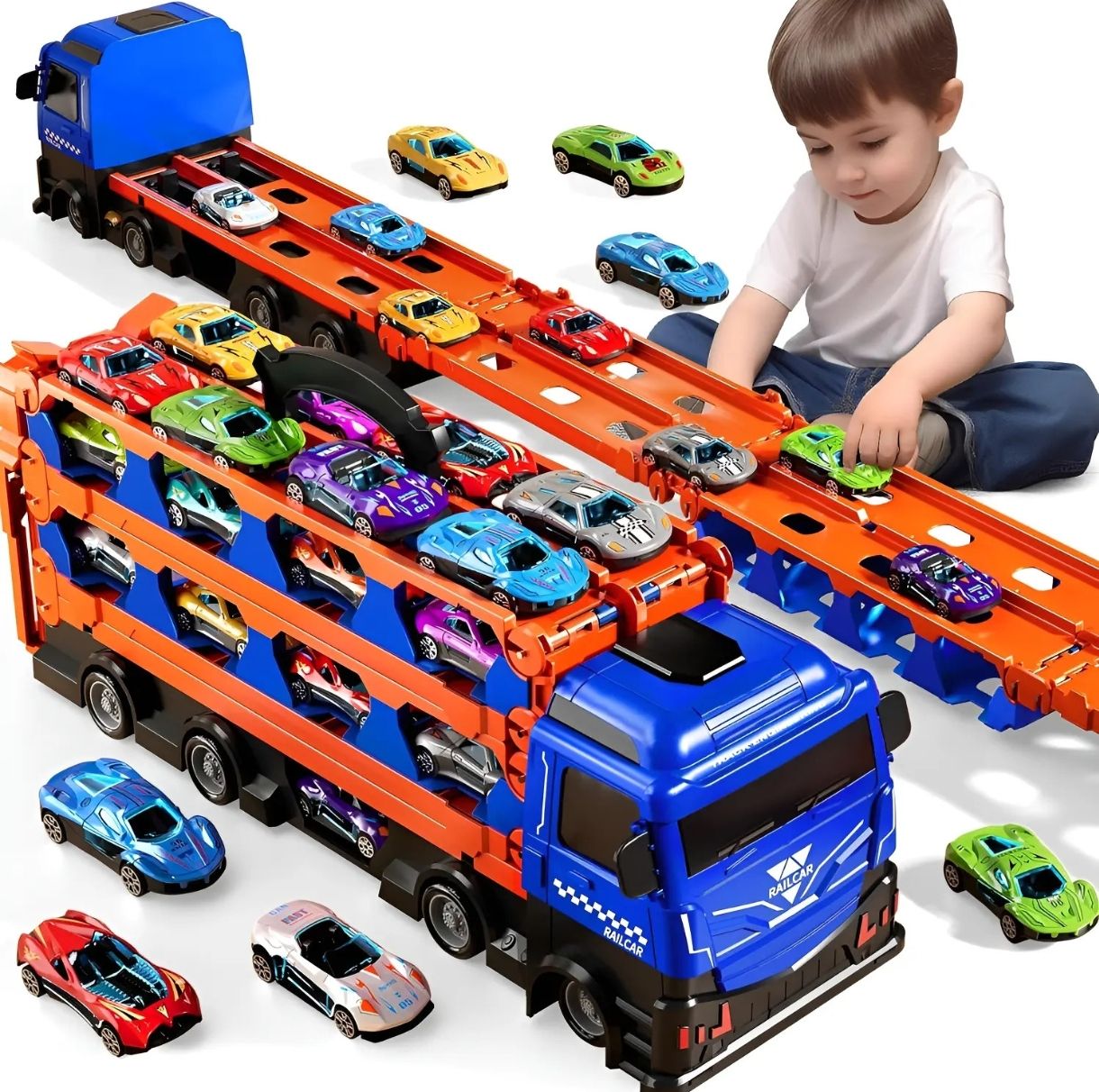 Camion de juguete Con 12 Autos De Carreras Con 2 Pistas