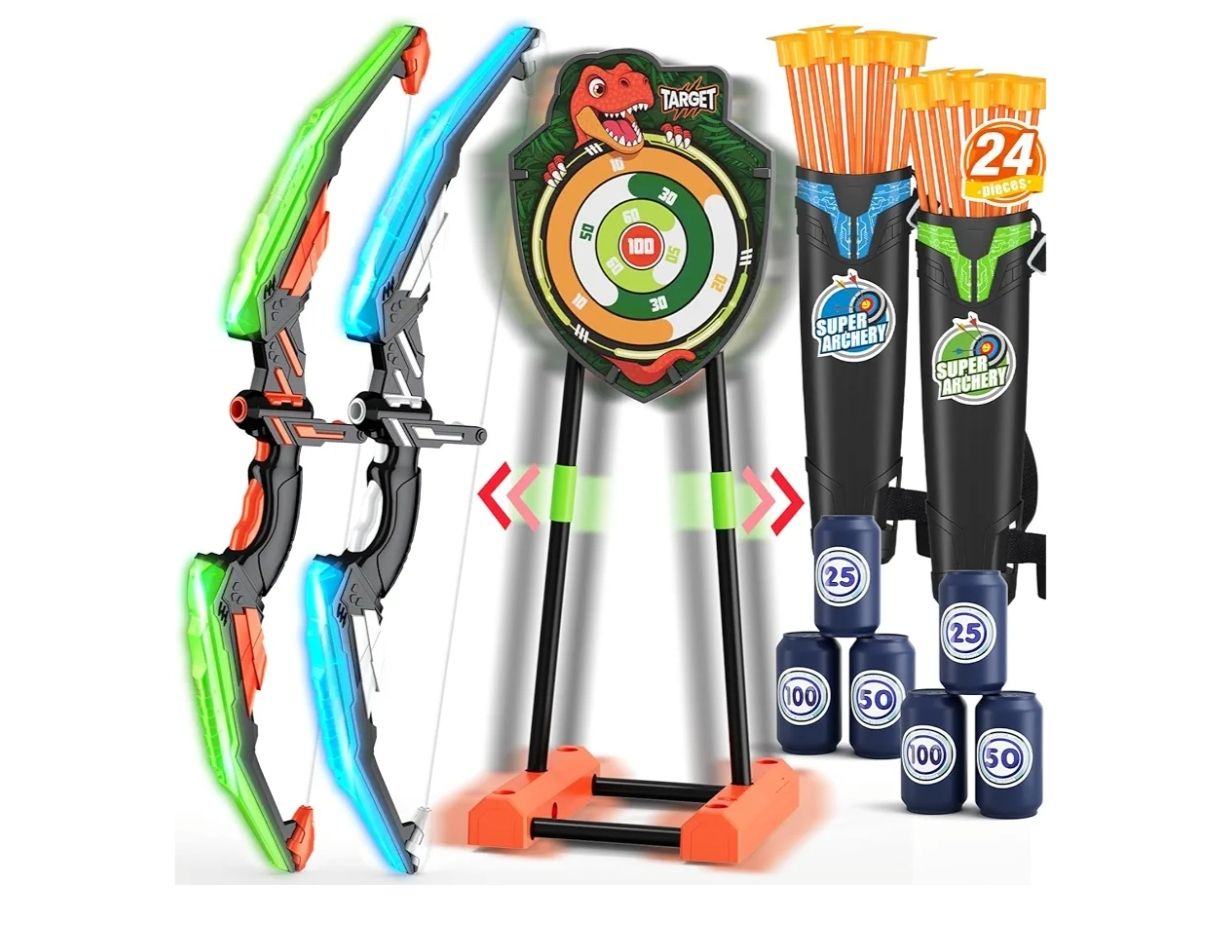 Paquete de 2 arcos y flechas con objetivo móvil para niños