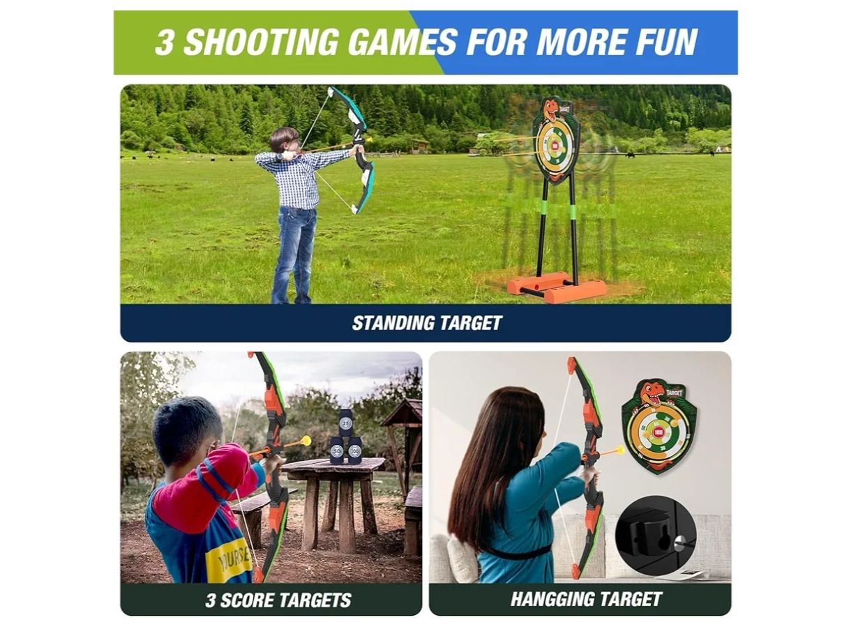 Paquete de 2 arcos y flechas con objetivo móvil para niños