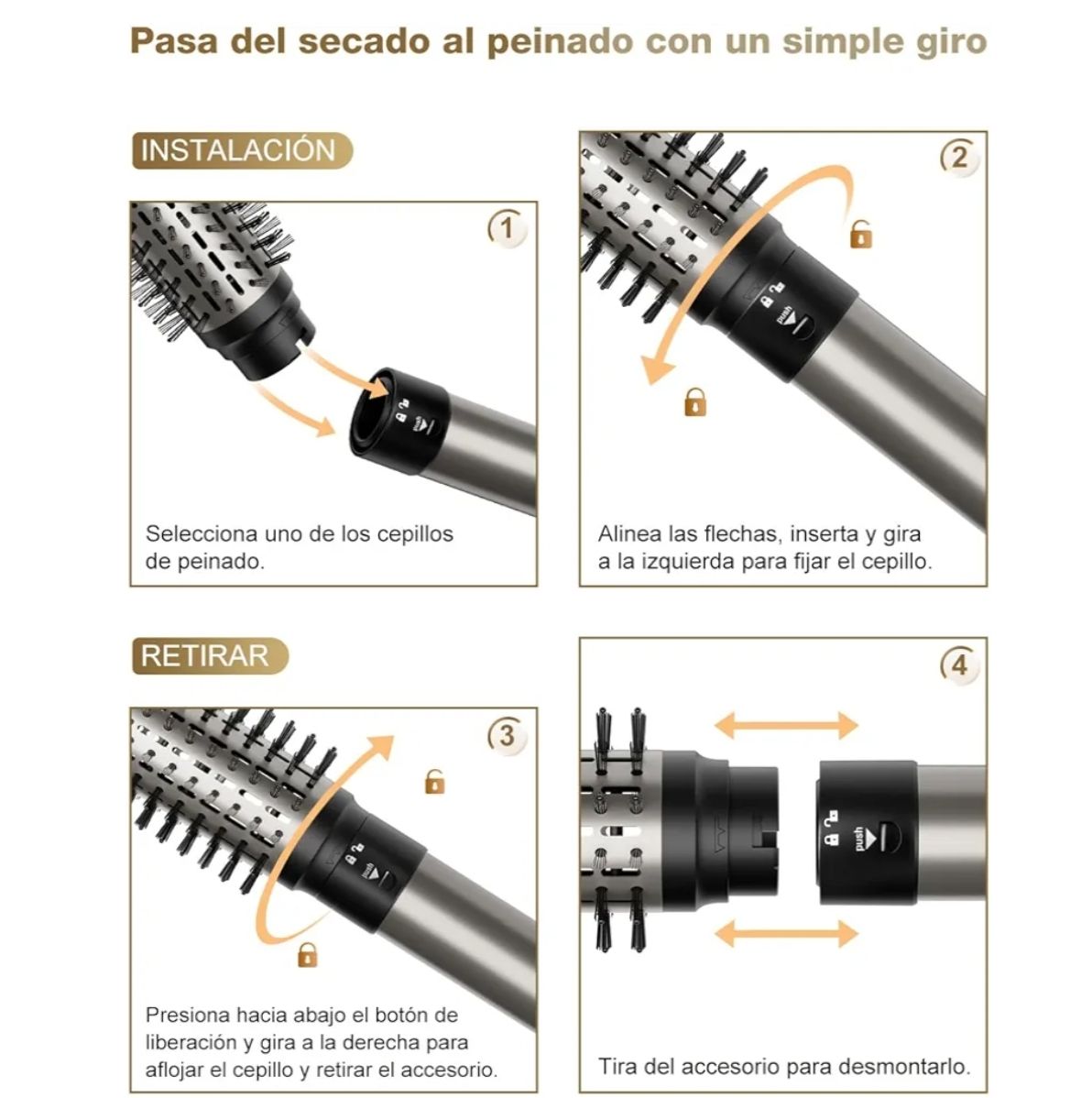 7MAGIC Cepillo secador y moldeador 6 en 1, plateado