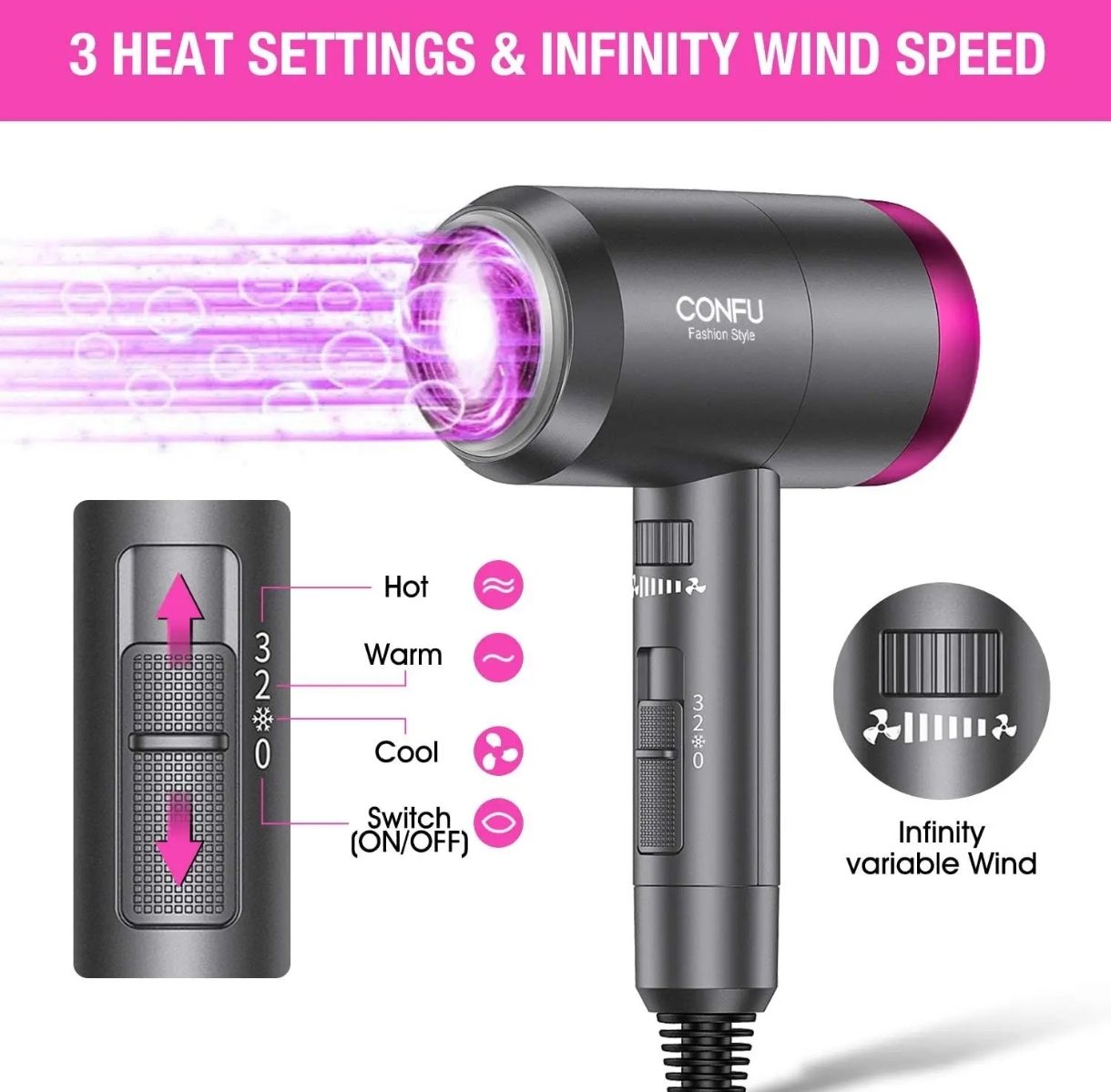 CONFU Secador De Pelo Ionico, Secador Portatil Confu De 1800 W