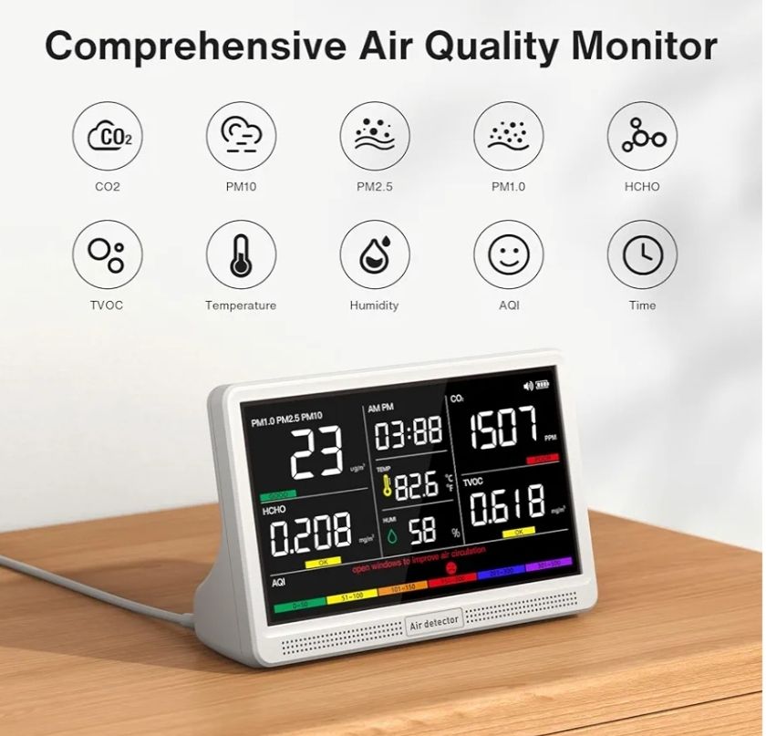 Monitor de Calidad del Aire 16 en 1 con Pantalla de 7",
