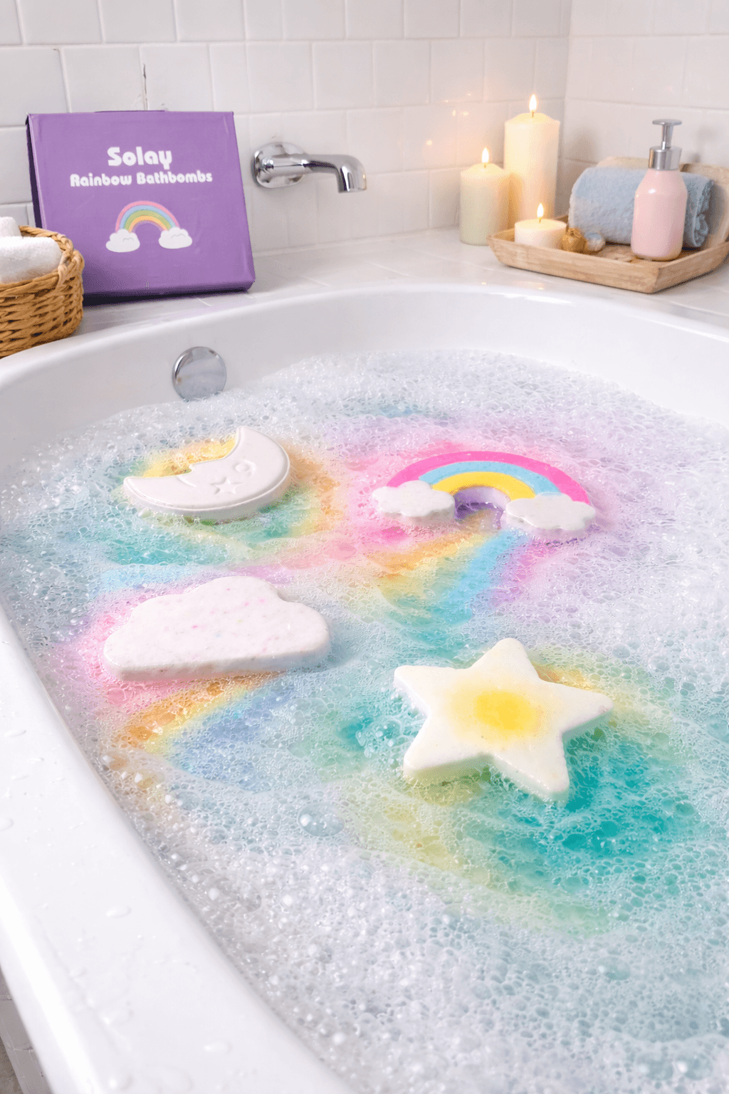 Set Bombas de Baño Arcoíris 4 Piezas (Luna, Nube, Estrella y Arcoíris) Aromáticas Relajantes